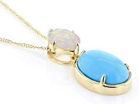 Blue Sleeping Beauty Turquoise With Ethiopian Opal 10k Yellow Gold Pendant With Chain 0.64ctw