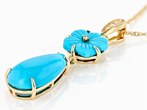 Blue Sleeping Beauty Turquoise With White Diamond 10k Yellow Gold Pendant With Chain 0.02ctw