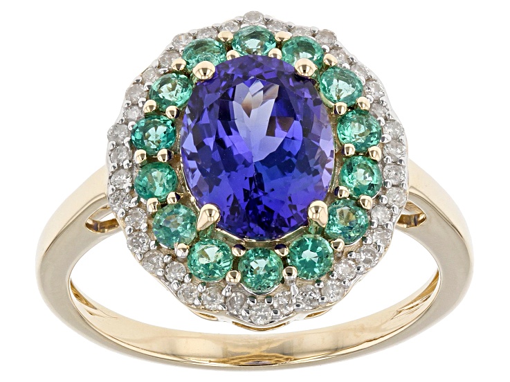Blue Tanzanite with White Diamond and Emerald 10k Yellow Gold Ring