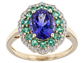 Blue Tanzanite with White Diamond and Emerald 10k Yellow Gold Ring