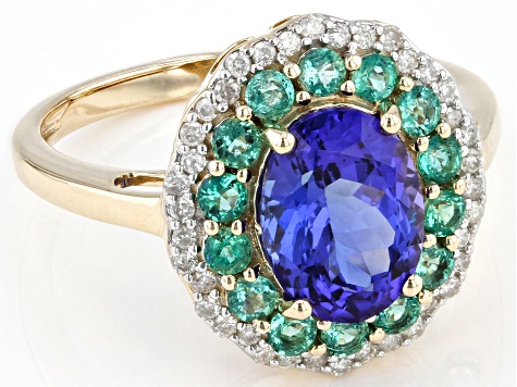 Blue Tanzanite with White Diamond and Emerald 10k Yellow Gold Ring