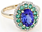 Blue Tanzanite with White Diamond and Emerald 10k Yellow Gold Ring