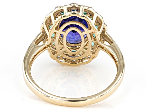 Blue Tanzanite with White Diamond and Emerald 10k Yellow Gold Ring