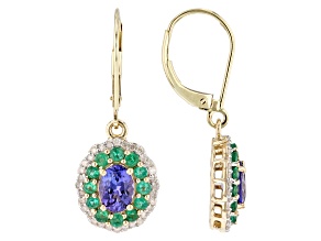 Blue Tanzanite With White Diamond and Emerald 10k Yellow Gold Earrings 2.28ctw