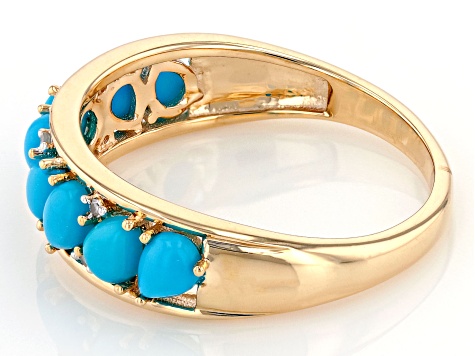 Blue Sleeping Beauty Turquoise With White Diamond 10k Yellow Gold Ring 0.03ctw