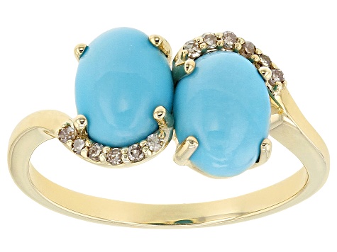 Blue Sleeping Beauty Turquoise With Champagne Diamonds 10k Yellow Gold Ring 0.06ctw