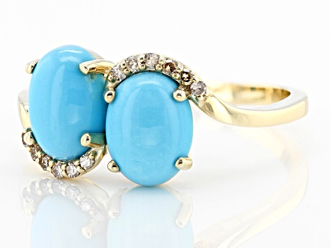 Blue Sleeping Beauty Turquoise With Champagne Diamonds 10k Yellow Gold Ring 0.06ctw