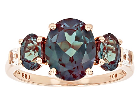 Blue Lab Created Alexandrite with White Zircon 10k Rose Gold Ring 3.76ctw