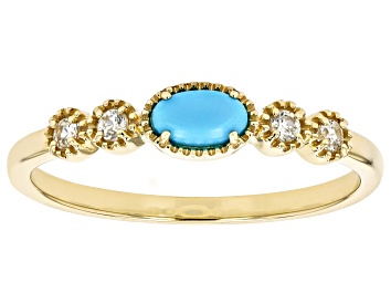 Picture of Blue Sleeping Beauty Turquoise With White Zircon 10k Yellow Gold Ring 0.12ctw