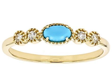 Blue Sleeping Beauty Turquoise With White Zircon 10k Yellow Gold Ring 0.12ctw