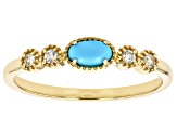 Blue Sleeping Beauty Turquoise With White Zircon 10k Yellow Gold Ring 0.12ctw