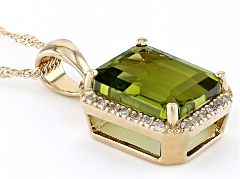 Peridot With White Diamond 10k Yellow Gold Pendant With Chain 2.08ctw