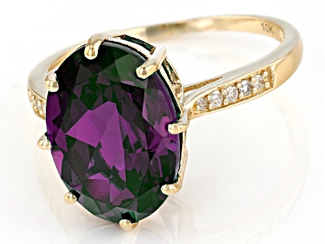 Blue Lab Created Alexandrite with White Diamond 10k Yellow Gold Ring 5.13ctw