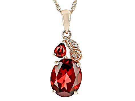 Red Garnet With White Diamond 10K Rose Gold Pendant With Chain 2.60ctw
