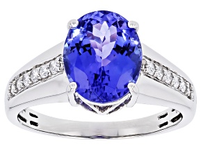Blue Tanzanite With White Diamond Platinum Ring 3.14ctw