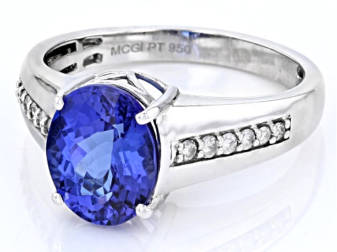 Blue Tanzanite With White Diamond Platinum Ring 3.14ctw