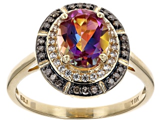 Multi Color Northern Lights Quartz with White Zircon & Champagne Diamond 10k Yellow Gold Ring