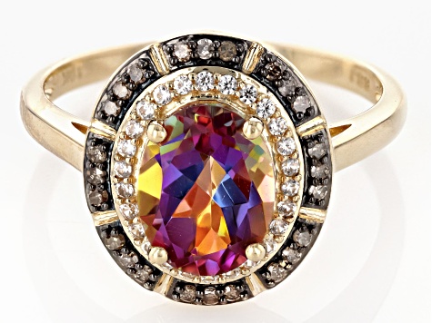 Multi Color Northern Lights Quartz with White Zircon & Champagne Diamond 10k Yellow Gold Ring