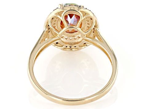 Multi Color Northern Lights Quartz with White Zircon & Champagne Diamond 10k Yellow Gold Ring