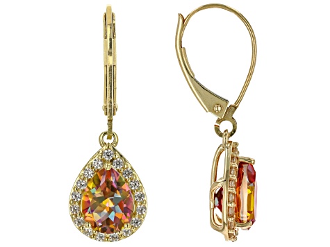 Multi Color Northern Lights Quartz With White Zircon 10k Yellow Gold Earrings 2.08ctw