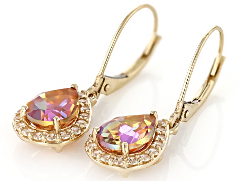 Multi Color Northern Lights Quartz With White Zircon 10k Yellow Gold Earrings 2.08ctw