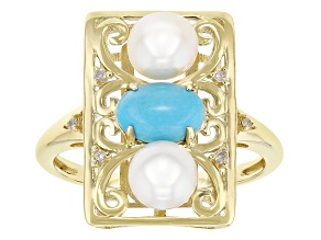 Sleeping Beauty Turquoise with Cultured Freshwater Pearl & Diamond 10k Yellow Gold Ring 0.03ctw