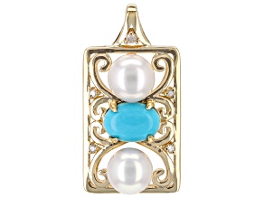 Sleeping Beauty Turquoise with Cultured Freshwater Pearl & White Diamond 10k Gold Pendant 0.02ctw