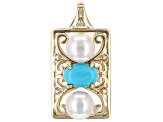 Blue Sleeping Beauty Turquoise, Cultured Freshwater Pearl, White Diamond 10k Gold Pendant 0.02ctw