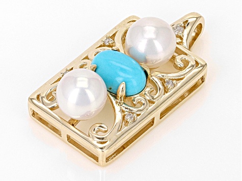 Blue Sleeping Beauty Turquoise, Cultured Freshwater Pearl, White Diamond 10k Gold Pendant 0.02ctw