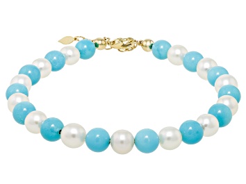 Picture of Blue Sleeping Beauty Turquoise with Cultured Freshwater Pearl 10k Yellow Gold Bracelet 0.15ctw