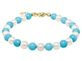 Blue Sleeping Beauty Turquoise with Cultured Freshwater Pearl 10k Yellow Gold Bracelet 0.15ctw