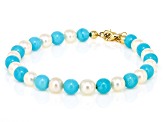 Blue Sleeping Beauty Turquoise with Cultured Freshwater Pearl 10k Yellow Gold Bracelet 0.15ctw