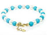Blue Sleeping Beauty Turquoise with Cultured Freshwater Pearl 10k Yellow Gold Bracelet 0.15ctw