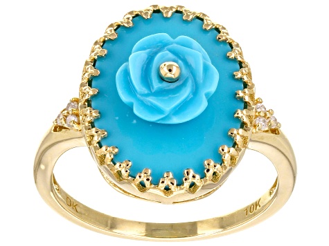 Blue Sleeping Beauty Turquoise With White Diamond 10k Yellow Gold Ring 0.03ctw