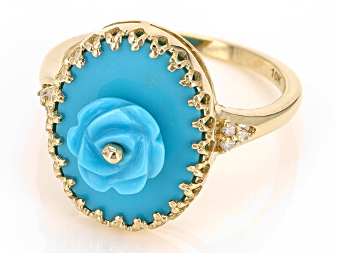 Blue Sleeping Beauty Turquoise With White Diamond 10k Yellow Gold Ring 0.03ctw