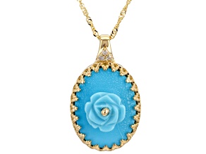 Blue Sleeping Beauty Turquoise With White Diamond 10k Yellow Gold Pendant 0.02ctw