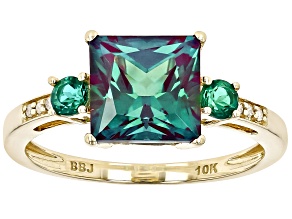 Blue Lab Alexandrite with Lab Emerald and White Diamond 10k Yellow Gold Ring 3.02ctw