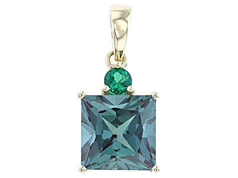 Blue Lab Created Alexandrite with Lab Created Emerald 10k Yellow Gold Pendant 2.68ctw