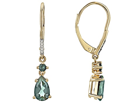 Blue Lab Created Alexandrite With White Diamond 10k Yellow Gold Earrings 2.02ctw