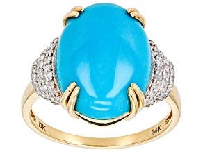 Blue Sleeping Beauty Turquoise With White Diamond 14k Yellow Gold Ring 0.20ctw