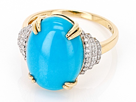 Blue Sleeping Beauty Turquoise With White Diamond 14k Yellow Gold Ring 0.20ctw