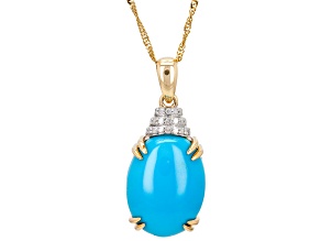 Blue Sleeping Beauty Turquoise With White Diamond 14k Yellow Gold Pendant With Chain 0.07ctw