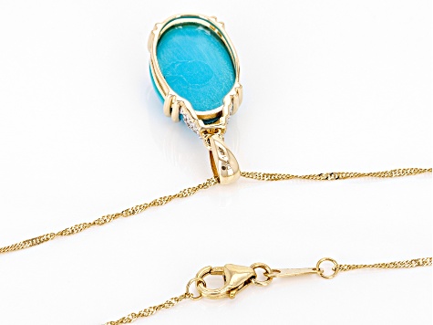 Blue Sleeping Beauty Turquoise With White Diamond 14k Yellow Gold Pendant With Chain 0.07ctw