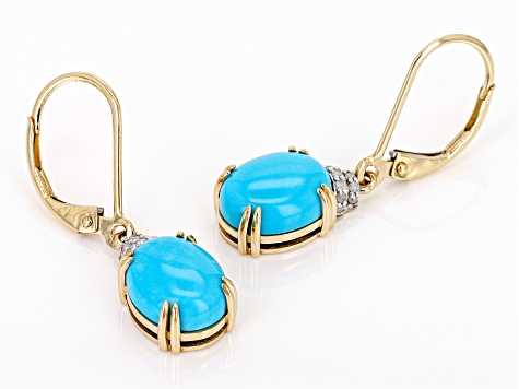 Blue Sleeping Beauty Turquoise With Diamond 14k Yellow Gold Earrings 0.08ctw