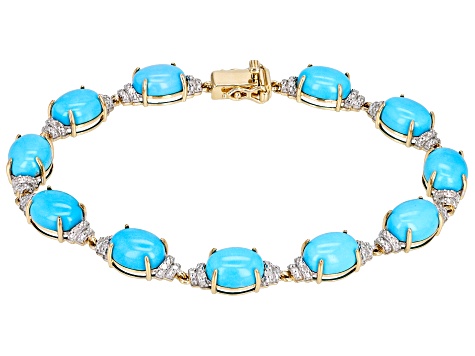 Blue Sleeping Beauty Turquoise With White Diamond 14k Yellow Gold Bracelet 0.22ctw