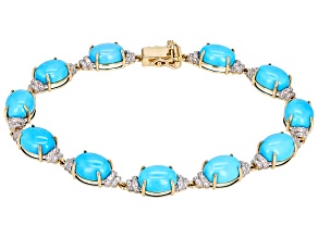 Blue Sleeping Beauty Turquoise With White Diamond 14k Yellow Gold Bracelet 0.22ctw