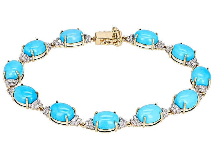 Blue Sleeping Beauty Turquoise With White Diamond 14k Yellow Gold Bracelet  0.22ctw - CLG497 | JTV.com