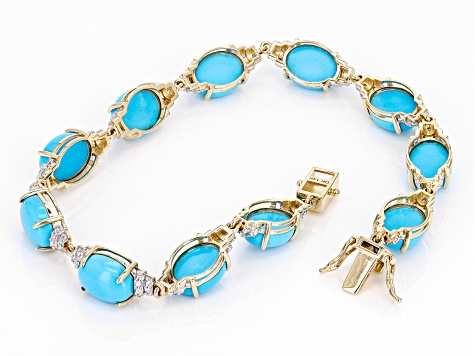 Blue Sleeping Beauty Turquoise With White Diamond 14k Yellow Gold Bracelet 0.22ctw