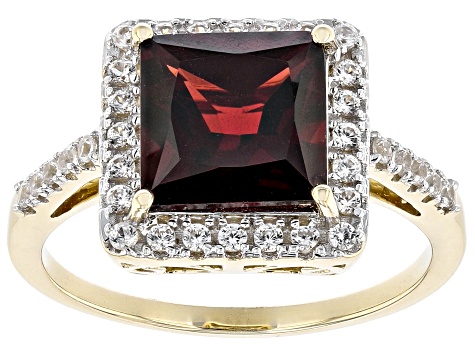 Red Garnet With White Zircon 10k Yellow Gold Ring 3.27ctw