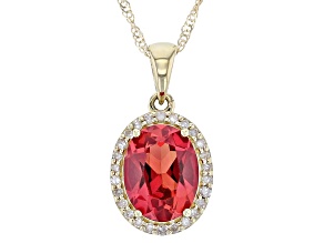 Lab Created Padparadscha Sapphire With White Diamond 10k Yellow Gold Pendant With Chain 2.36ctw